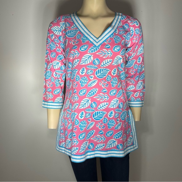 Gretchen Scott Pink Blue Print V Neck Cotton 3/4 Sleeve Tunic Size XS - Picture 1 of 5